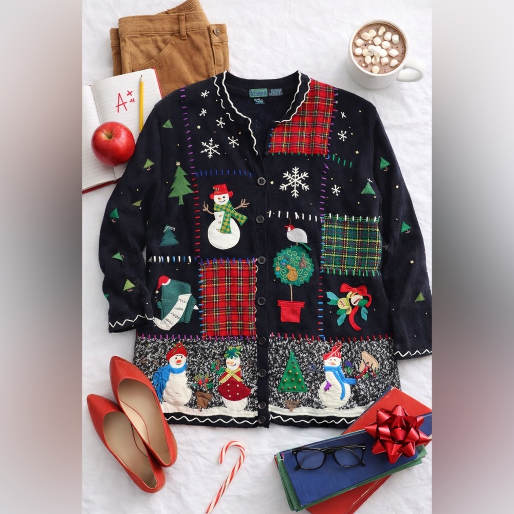 Studio Joy Christmas Cardigan Sweater 2X Embroidered Patchwork Snowman Holiday